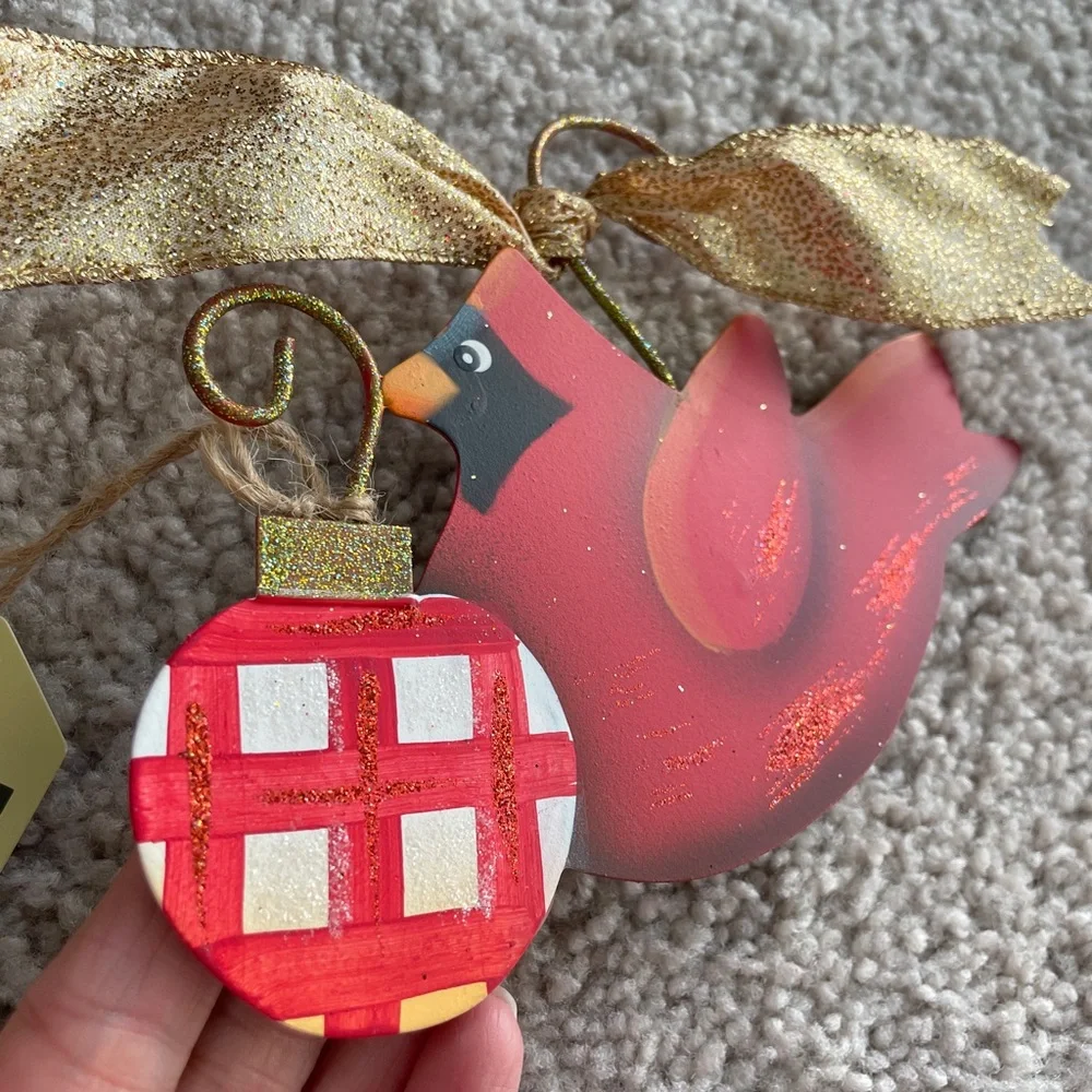 The Round Top Collection RT Red Cardinal Glitter Gold Bow Metal Ornament